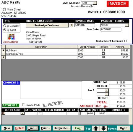 Pro Gold XP Sample Invoice Screen